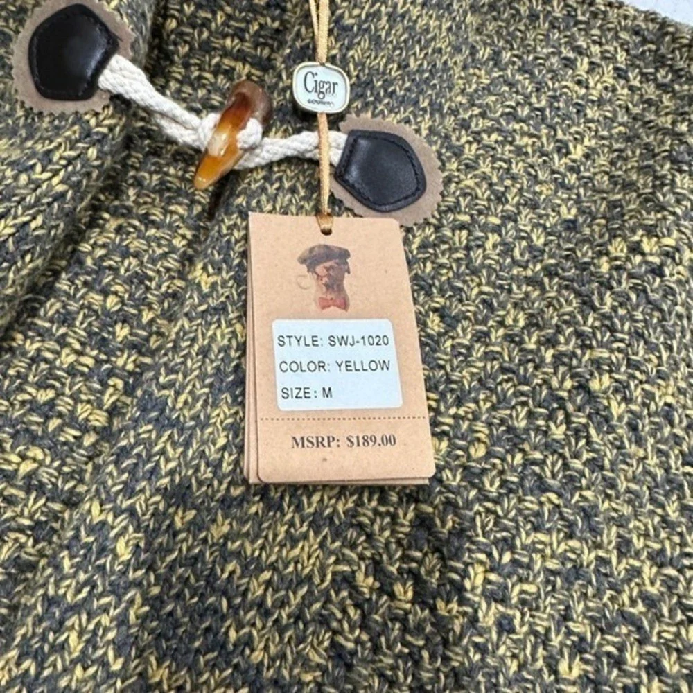 Mens Hooded Toggle Cardigan‎ Sweater M Yellow Brown Wool Blend Duffle Knit